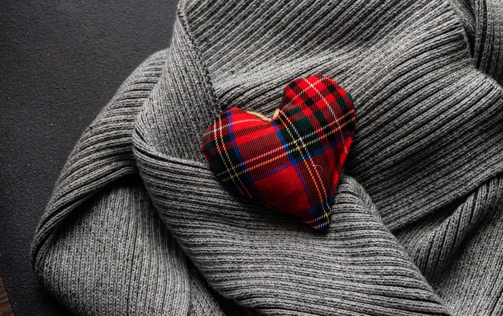 Tartan heart on cozy grey knit