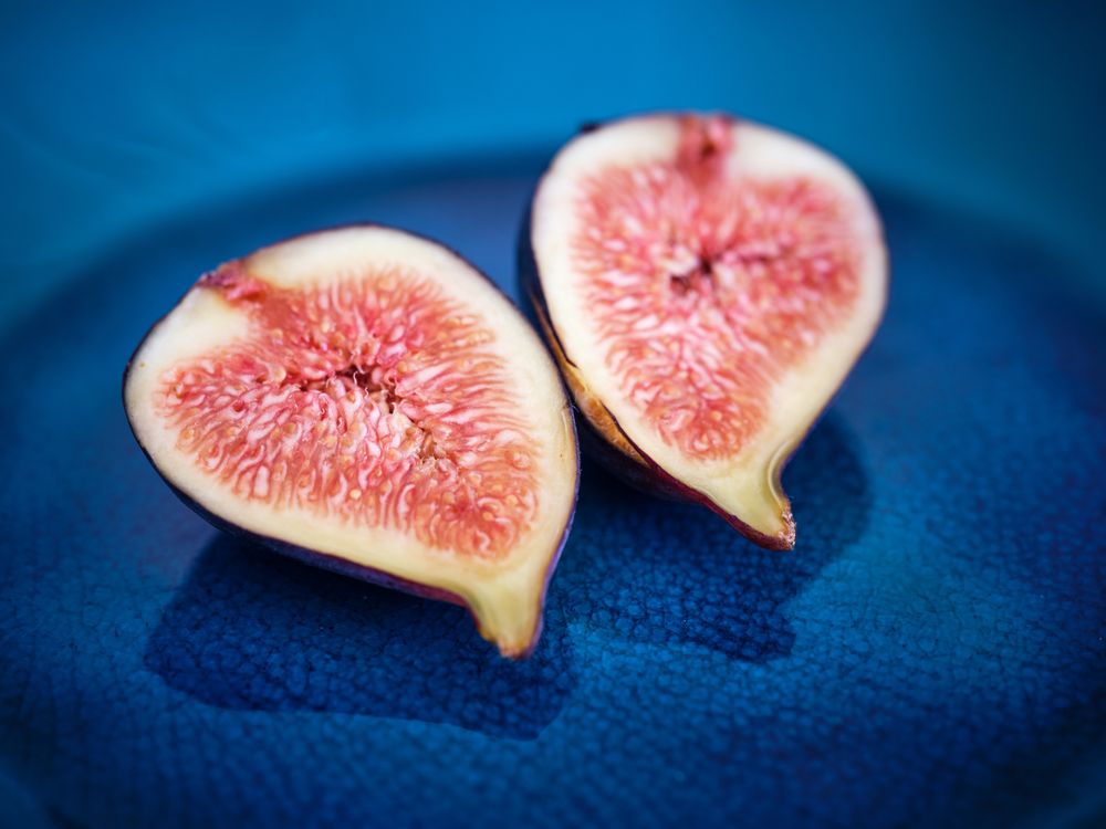 Closeup of ripe figs on blue plate