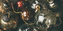 Christmas tree decorations in close up, wide composition