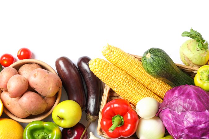 Composition with vegetables and fruits isolated. Top view