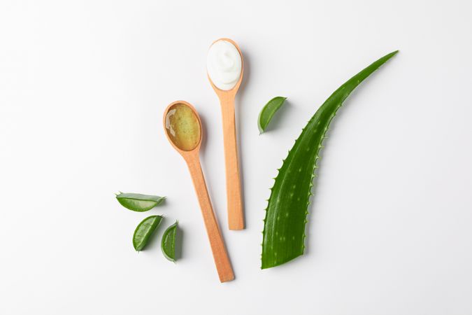 Flat lay composition with natural treatment accessories on plain background, space for text. Aloe vera