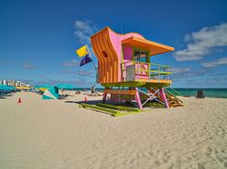 Brightly colored, whimsical lifeguard tower on Miami Beach V5kajb