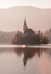 Lake Bled landscape on a foggy morning day of December