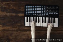 Top view two dog paws on midi piano compact wireless keyboard mixer plays melody 4BMeE5