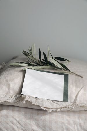 Beige linen, cotton gingham pillows with greeting card mockup