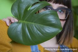 Portrait of woman in orange sweater covering her face with tree leaf bx6Ra5