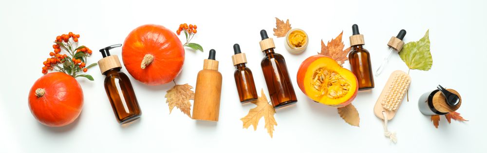 Concept of different cosmetic products, Pumpkin cosmetics, top view