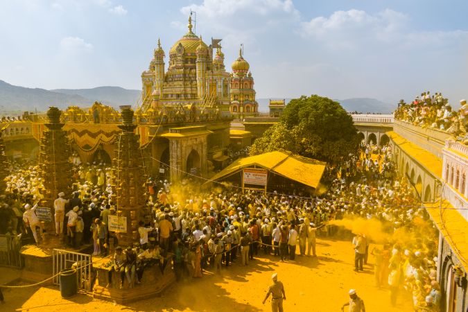 Jejuri, Maharashtra, India - Dec 30, 2024: Palkhi of Lord Khandoba at the famous and beautiful Khandoba temple at Jejuri during the festival of Somvati Amavasya