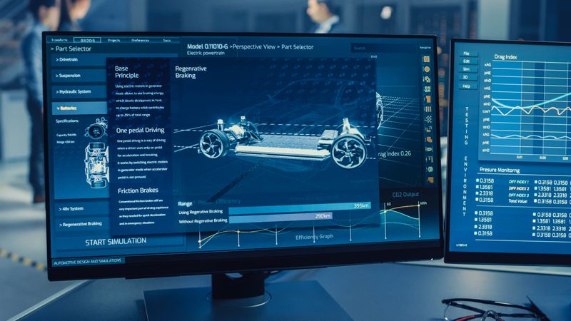 Professional Engineer Works on a Computer with a 3D CAD Software and Tests the Electric Car Chassis Prototype with Wheels, Batteries and Engine Standing in a High Tech Development Laboratory.