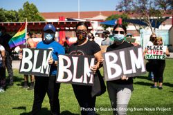 Los Angeles, CA, USA — June 7th, 2020: young Latinx women stand with BLM protest signs in East LA 5aX8P0