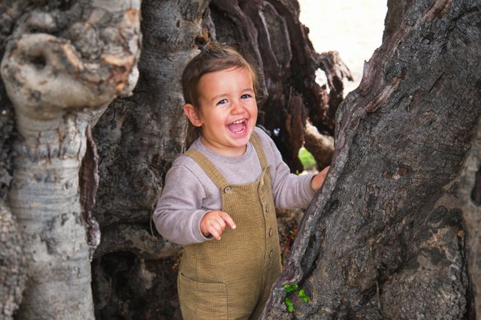 Joyful little boy standing near old tree trunk