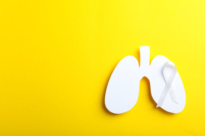 Lung shape with ribbon on yellow background with copy space