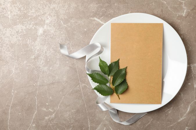 Plate with blank cardboard sheet, leaf and ribbon on gray background