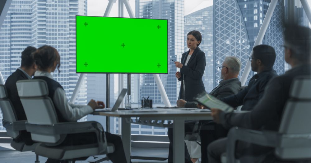 Office Conference Room Presentation: Businesswoman Talks, Uses Green Screen Chromakey TV