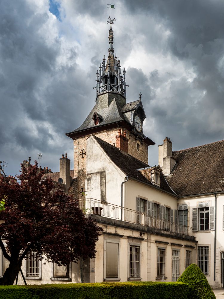 Empty streets of the medieval city of Beaune in Burgundy. The stormy sky