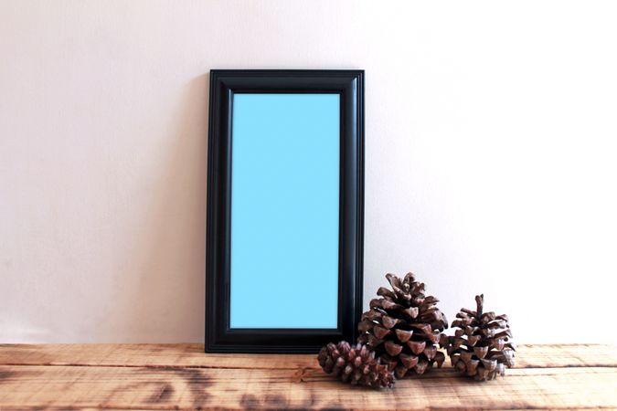 Rectangular long picture frame with blue interior mockup with pinecones