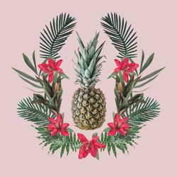 Pineapple surrounded in leaves and red flowers on blush background