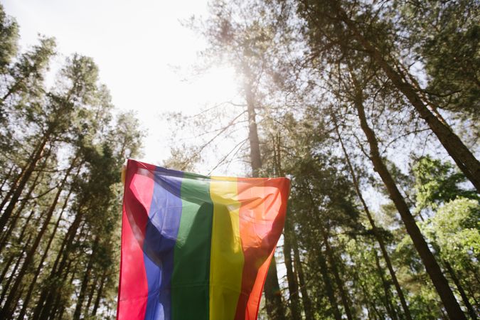Young woman with rainbow banner against sky