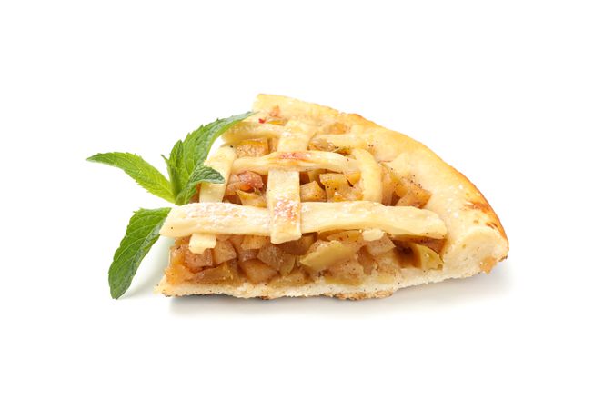 Piece of tasty apple pie isolated on blank background. Homemade food
