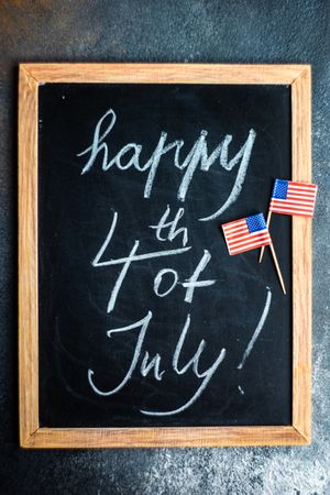 Chalkboard with mini flags with the words "Happy 4th of July"