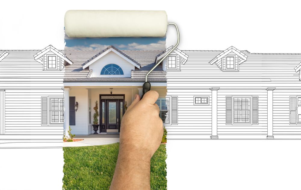 Before and After of Man Painting Roller to Reveal Custom Home Photograph Under Pencil Sketch Drawing Plans.