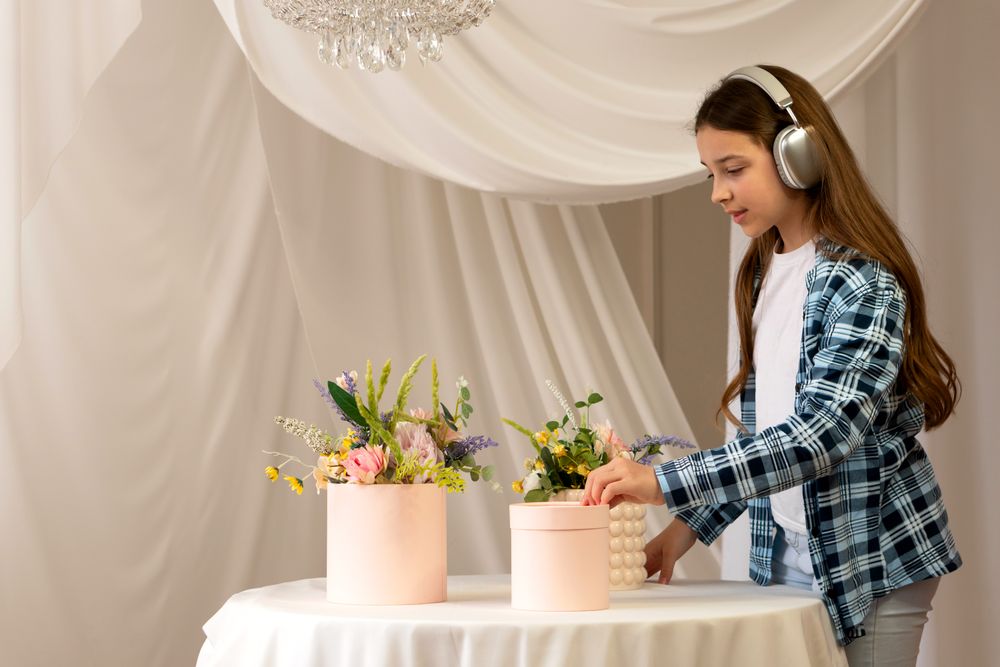 Teen girl thoughtfully arranging decorative flower boxes at home.