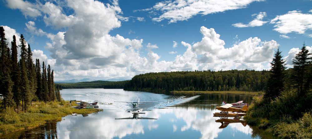 Hydroplane landing on surface of Fish Lake, Alaska