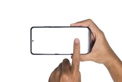 male hand holding smartphone horizontally with blank screen smartphone