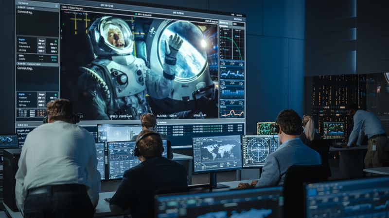 Space Mission Control Monitors Astronaut on Large Screen.