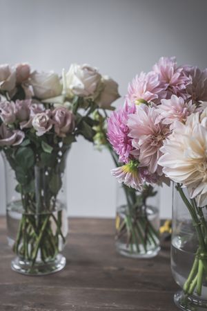 Bunches of flowers in vases on table