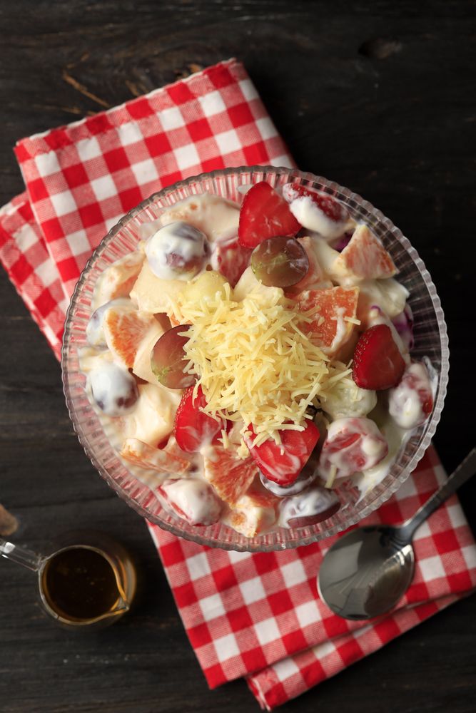 Salad Buah Keju, Fruit Salad with Shredded Cheddar Cheese on Top