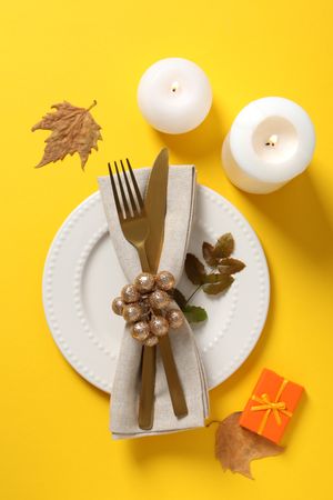 Concept of Thanksgiving day, Autumn table setting, top view