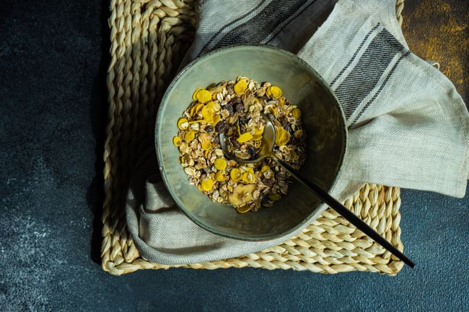 Top view of bowl of cereal on placemat