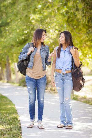 Twin Sisters Walking Together Through Park