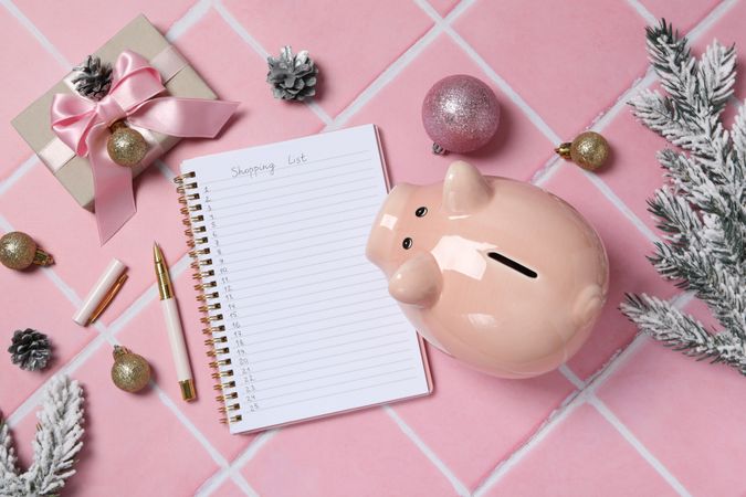 Concept of Christmas finance with piggy bank, space for text