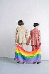 Back view of two people in colorful suits holding hands and carrying rainbow flag against light background 0VDok4