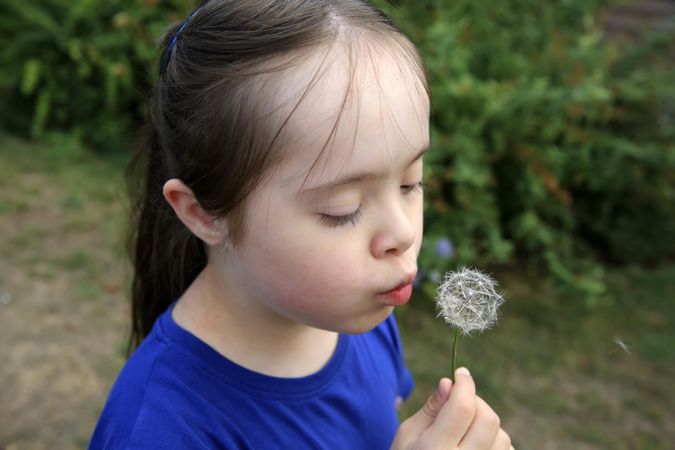 Focus on female child blowing dandelion