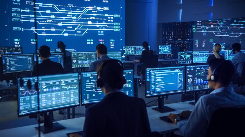 Focused Team in a Tech Control Room Monitors Data on Multiple Screens, Ensuring Cybersecurity and Efficient Operations.
