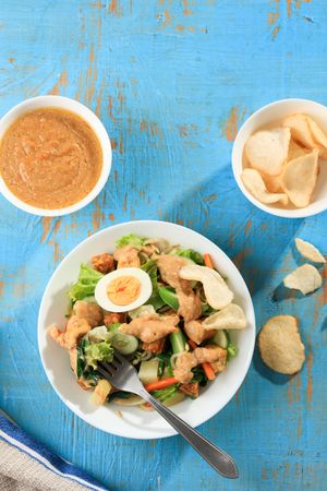 Gado-Gado Siram Popular in Jakarta Made from Potato, Tempeh, Tofu, Sprout, Carrot, Long Bean, and Egg