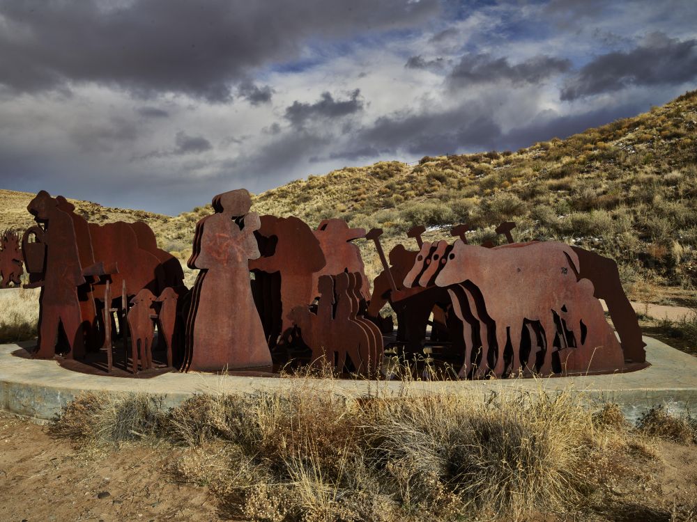 Artist Armando Alvarez Compean's 1997 La Puerta Del Sol sculpture grouping below Tomé, New Mexico