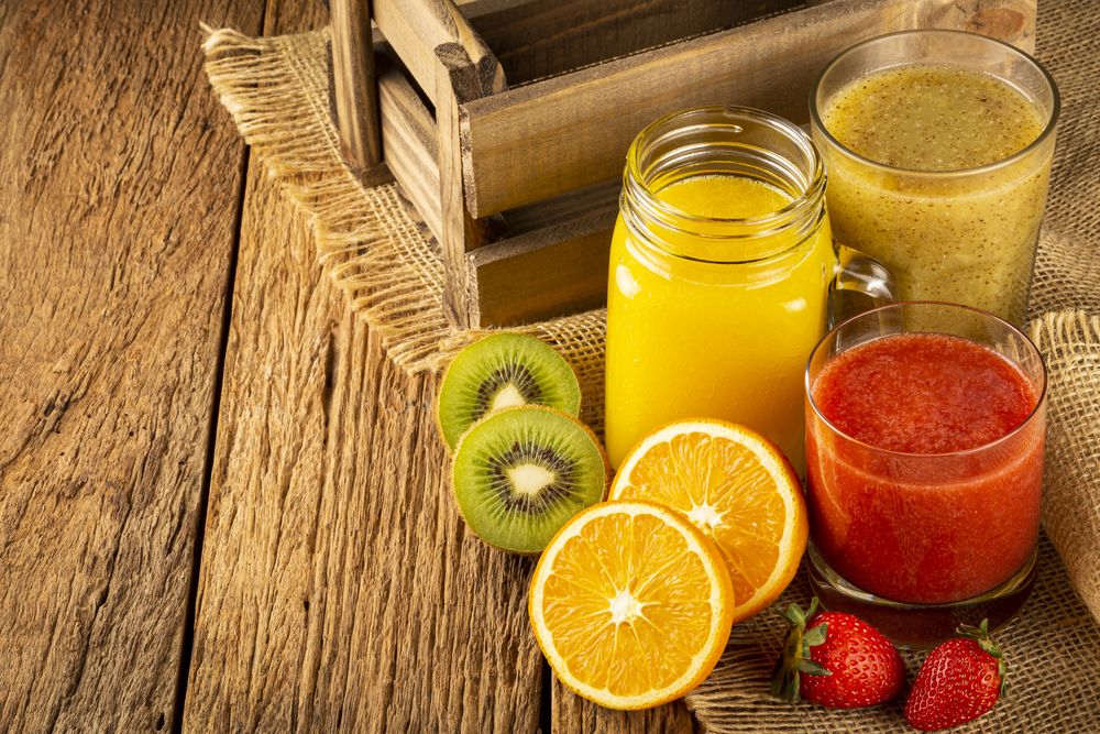 Variety of fruit juices. Fruit smoothies.