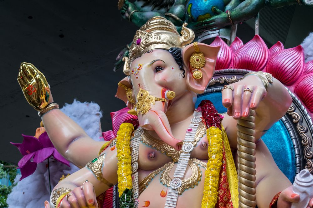 A beautiful idol of Lord Ganpati being displayed in a procession called Aagman Sohala in Mumbai, India for the festival of Ganesh Chaturthi