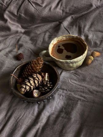 Top view of coffee and bowl of pine cones on grey sheets