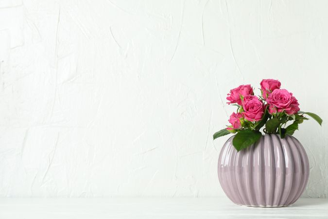 Vase with pink roses and space for text on table against light background