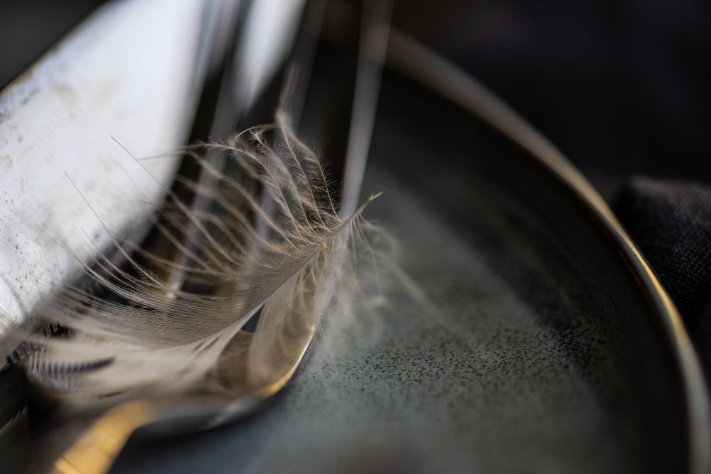 Close up of fork with feather on plate for Easter decor