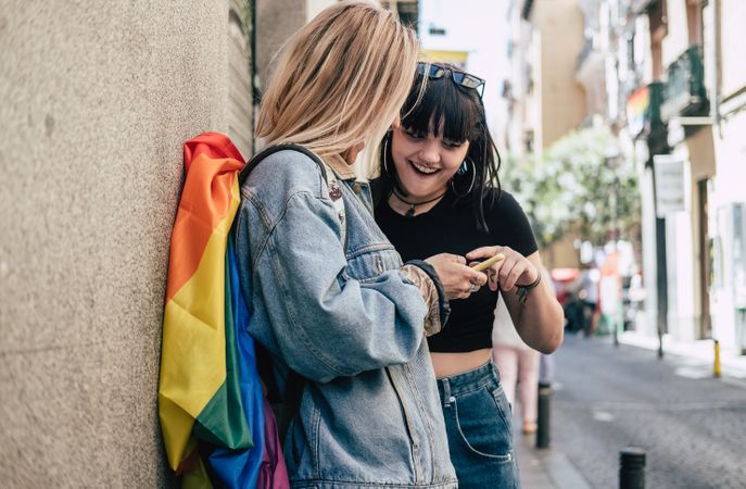 Lesbian couple on the mobile phone on street