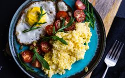 Top view of healthy breakfast plate with fork