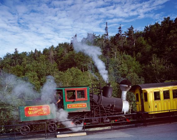 The engine and coach of the world first cog railway, which climbs Mt. Washington in New Hampshire