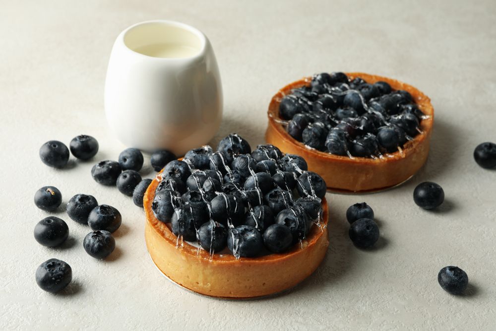 Milk and blueberry pies on gray background