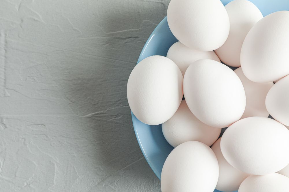 chicken eggs in plate on grey table, space for text and top view